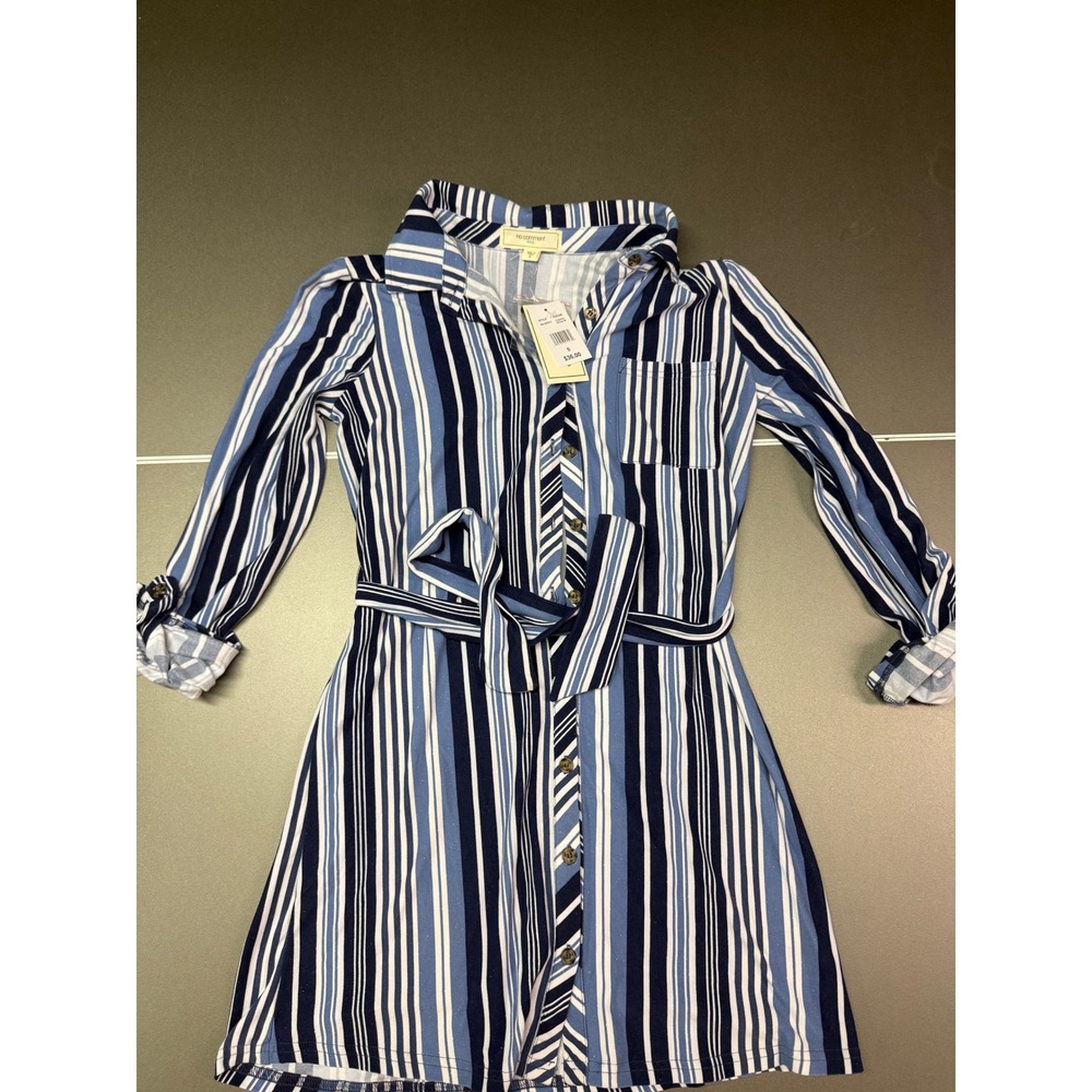 No Comment Women Blue White Striped Belted Shirt Dress casual comfy classic S